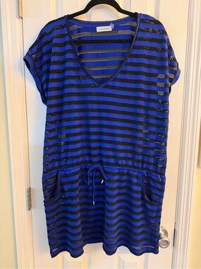 Calvin Klein Blue & Black Mesh Stripe Swim Cover-Up Dress | Size XL